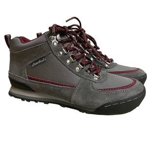 EDDIE BAUER GRAY SUEDE FABRIC MAROON TRIM & LACES BOOTIE BOOTS WOMEN’S 6.5